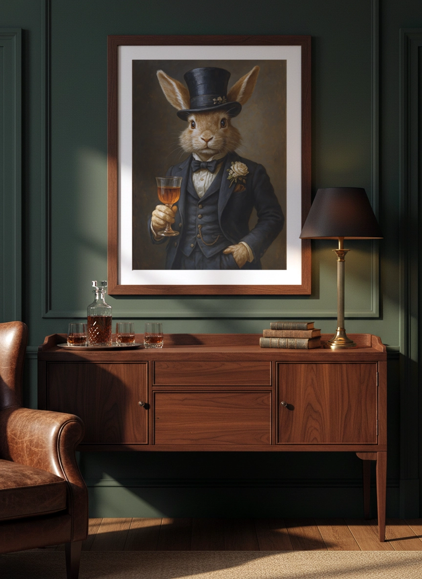Affiche lapin vintage en costume dans un salon aux murs vert foncé.