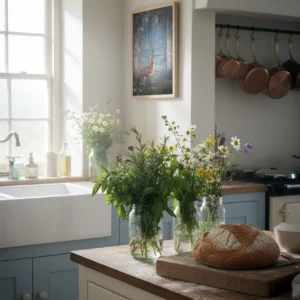 Affiche renard devant porte bleue dans une cuisine rustique claire.