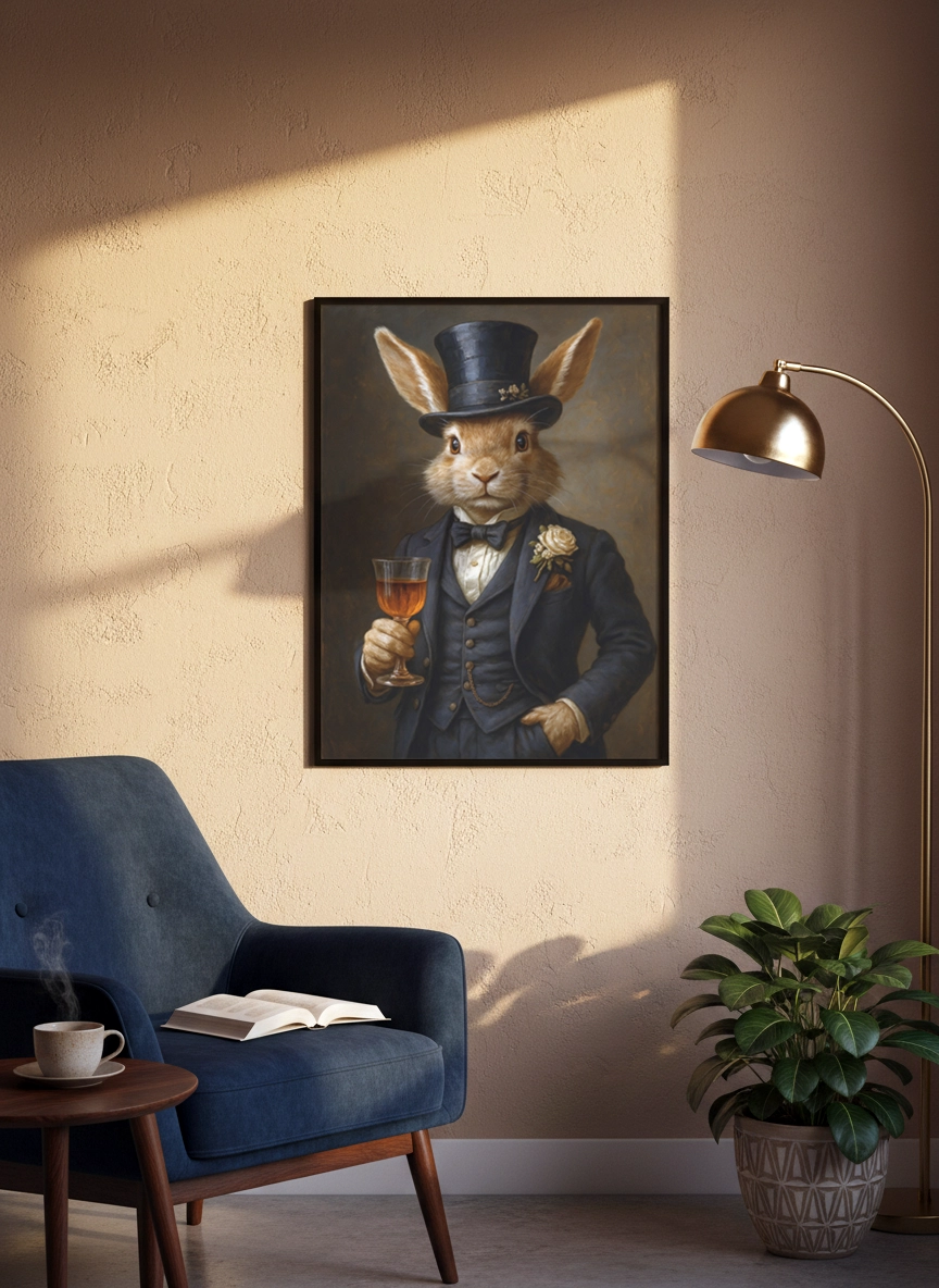 Affiche lapin vintage en costume accrochée dans un coin lecture avec fauteuil.