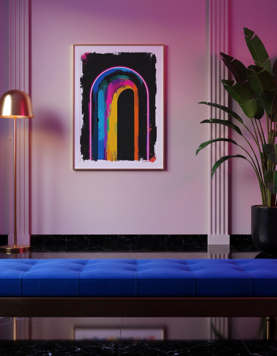 Affiche arche colorée multicolore accrochée dans un salon aux tons pastel.