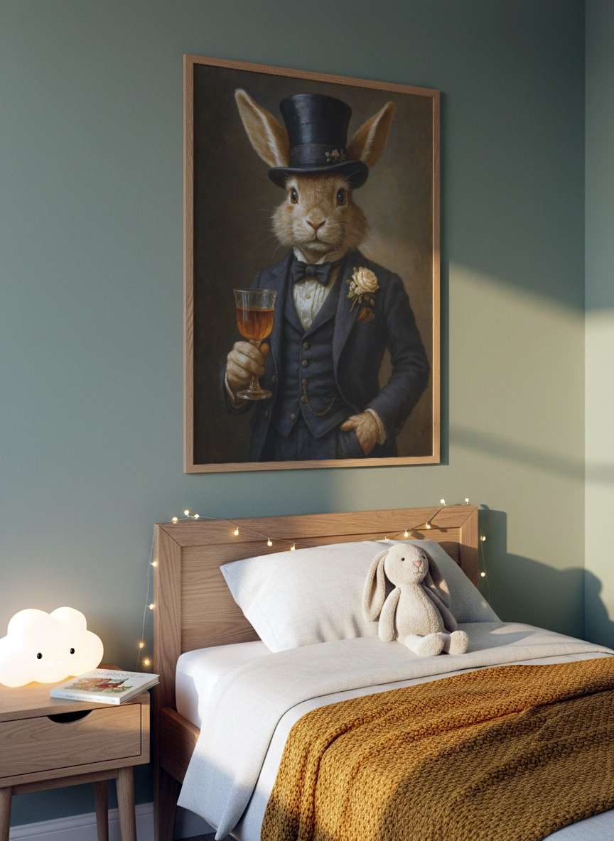 Affiche lapin vintage en costume accrochée dans une chambre décorée.