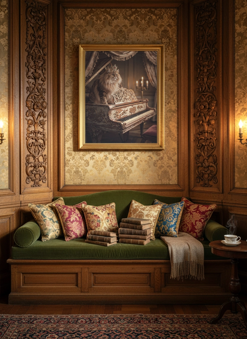 Affiche chat vintage représentant un chat pianiste au-dessus d’une banquette dans un salon classique.