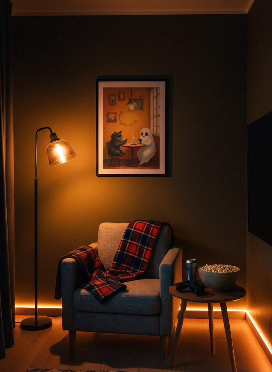 Affiche illustration chat fantôme dans un coin lecture avec fauteuil.