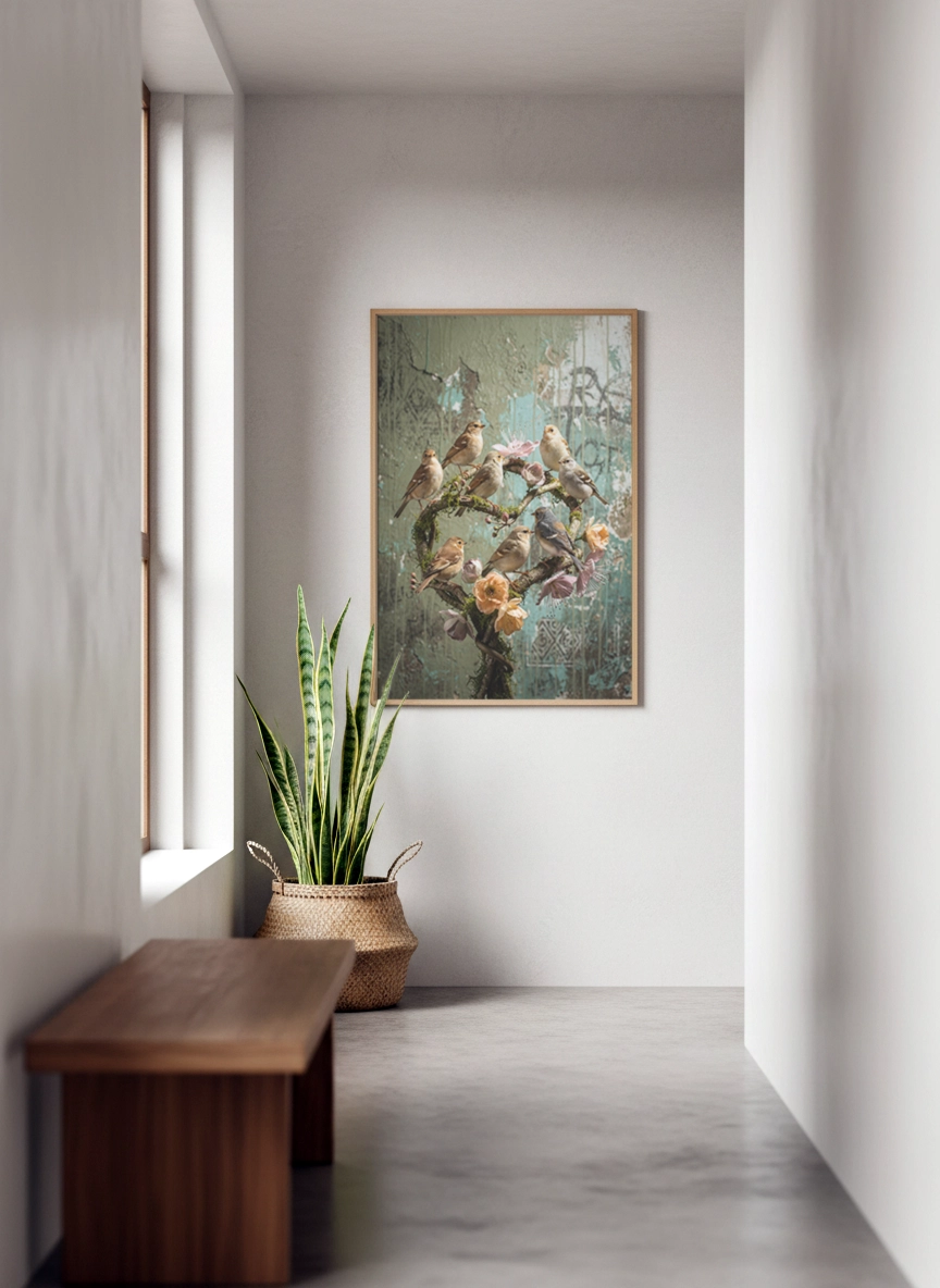 Affiche oiseaux vintage avec oiseaux perchés et fleurs dans un couloir minimaliste.