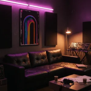 Affiche arche colorée multicolore accrochée dans un studio créatif moderne.