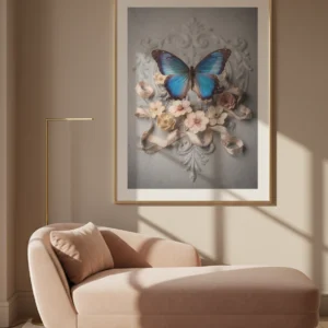 Affiche papillon floral accrochée au-dessus d’une chaise longue.