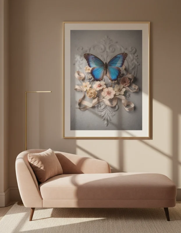 Affiche papillon floral accrochée au-dessus d’une chaise longue.