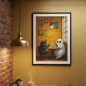 Affiche illustration chat fantôme accrochée au-dessus d’un canapé.