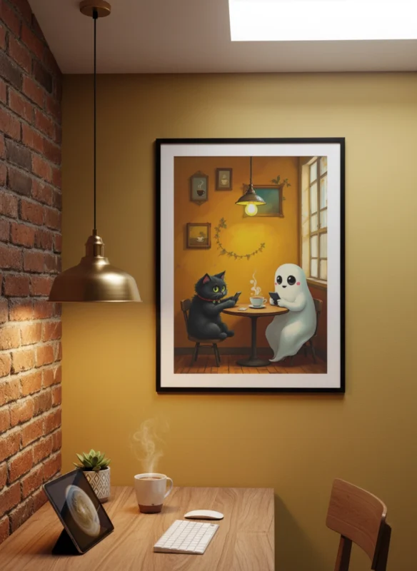 Affiche illustration chat fantôme accrochée au-dessus d’un canapé.