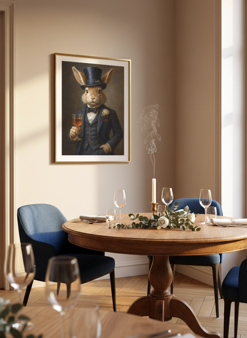Affiche lapin vintage en costume accrochée dans une salle à manger élégante.