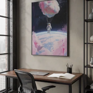 Poster astronaute sous nuage rose accroché au-dessus d’un bureau moderne.