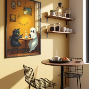 Affiche illustration chat fantôme dans un bureau avec mur en briques.