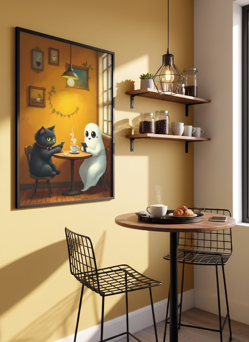Affiche illustration chat fantôme dans un bureau avec mur en briques.