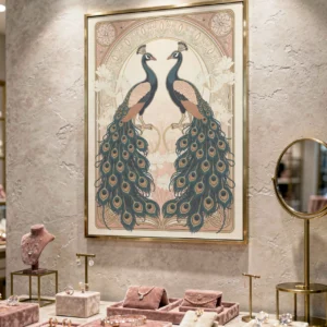 Affiche paons symétriques style Art Nouveau accrochée au-dessus d’un canapé clair.