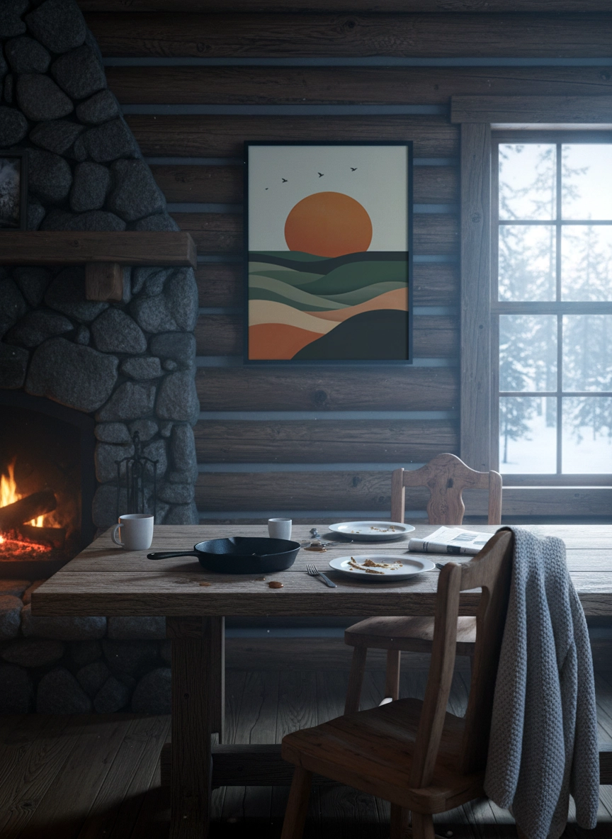 Affiche paysage abstrait avec soleil stylisé et collines colorées dans un intérieur rustique.