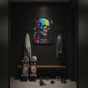 Affiche crâne graffiti multicolore dans salon style loft.