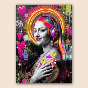 Affiche Mona Lisa street art avec casque audio, cheveux multicolores, halo néon et graffiti coloré