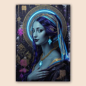 Affiche portrait femme style futuriste avec halo lumineux bleu et or, éléments géométriques et ambiance néon