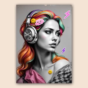 Affiche portrait femme avec casque audio, cheveux multicolores et éléments pop art comme smileys et éclairs