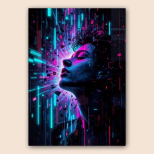 Affiche portrait femme style cyberpunk avec lumières néon rose et bleu et éléments numériques abstraits