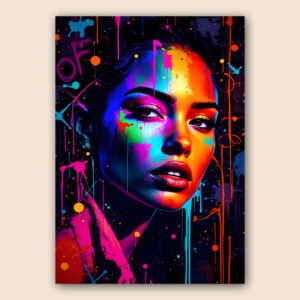 Affiche portrait femme avec peinture néon multicolore et effets graffiti sur fond sombre