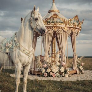 Affiche cheval blanc décoré devant carrousel ancien avec fleurs et rideaux dans paysage naturel romantique