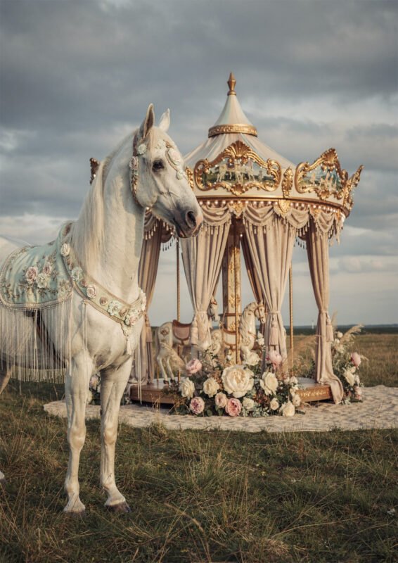 Affiche cheval blanc décoré devant carrousel ancien avec fleurs et rideaux dans paysage naturel romantique
