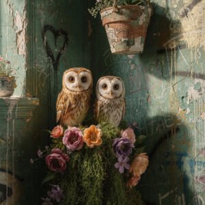 Affiche deux chouettes sur fleurs devant mur vert patiné avec pot suspendu ambiance bohème vintage