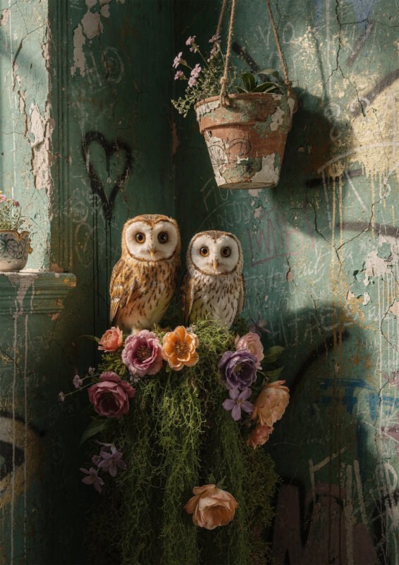 Affiche deux chouettes sur fleurs devant mur vert patiné avec pot suspendu ambiance bohème vintage