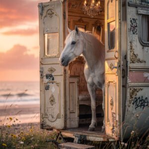 Affiche cheval blanc dans caravane ancienne ouverte avec lustre face à la mer au coucher de soleil ambiance vintage