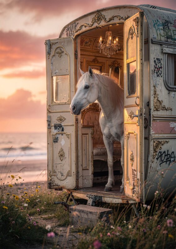 Affiche cheval blanc dans caravane ancienne ouverte avec lustre face à la mer au coucher de soleil ambiance vintage