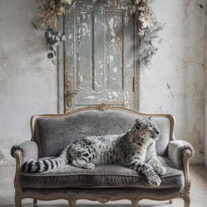 Affiche léopard des neiges allongé sur canapé vintage avec porte ancienne et couronne de fleurs séchées en arrière-plan