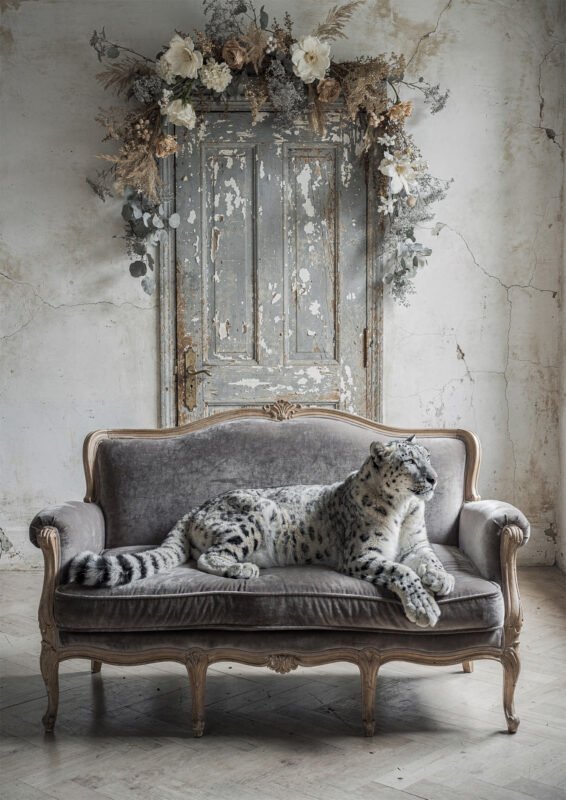 Affiche léopard des neiges allongé sur canapé vintage avec porte ancienne et couronne de fleurs séchées en arrière-plan