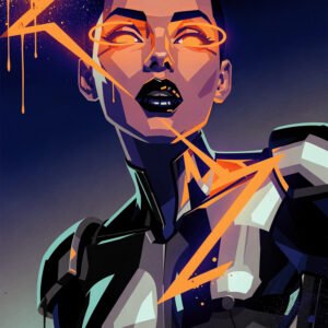 Affiche illustration femme cyberpunk avec yeux lumineux orange et effets graphiques néon sur fond sombre