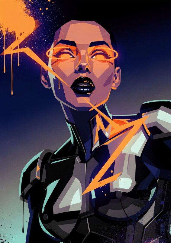 Affiche illustration femme cyberpunk avec yeux lumineux orange et effets graphiques néon sur fond sombre