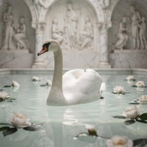 Affiche cygne blanc nageant dans un bassin avec fleurs flottantes devant décor architectural classique sculpté