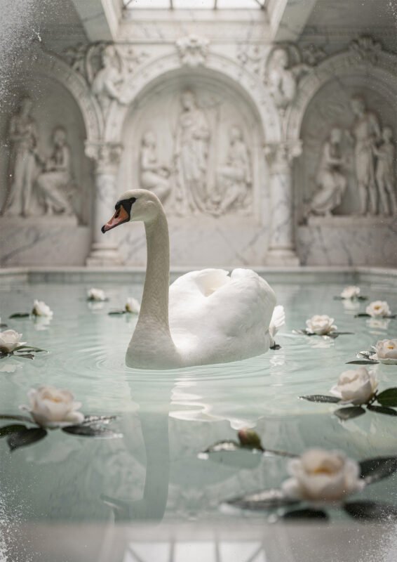Affiche cygne blanc nageant dans un bassin avec fleurs flottantes devant décor architectural classique sculpté