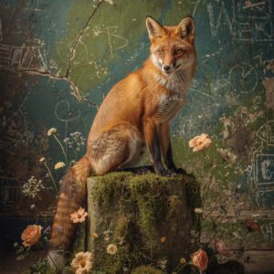 Affiche renard roux assis sur socle moussu avec fleurs devant mur texturé vert et artistique