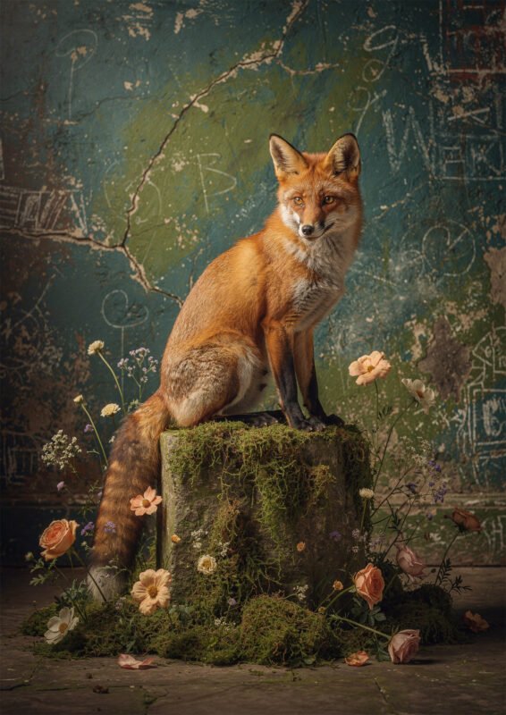 Affiche renard roux assis sur socle moussu avec fleurs devant mur texturé vert et artistique