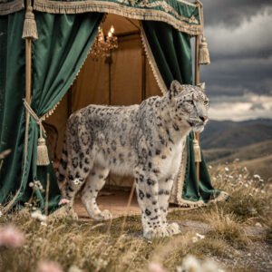 Affiche léopard des neiges debout devant tente verte vintage avec paysage naturel et fleurs sauvages