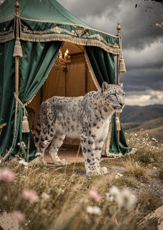 Affiche léopard des neiges debout devant tente verte vintage avec paysage naturel et fleurs sauvages