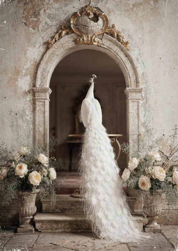 Affiche paon blanc sous arche en pierre ancienne avec compositions florales et décor vintage élégant