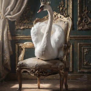 Affiche avec un cygne blanc portant une couronne assis sur un fauteuil baroque dans un intérieur vintage décoré