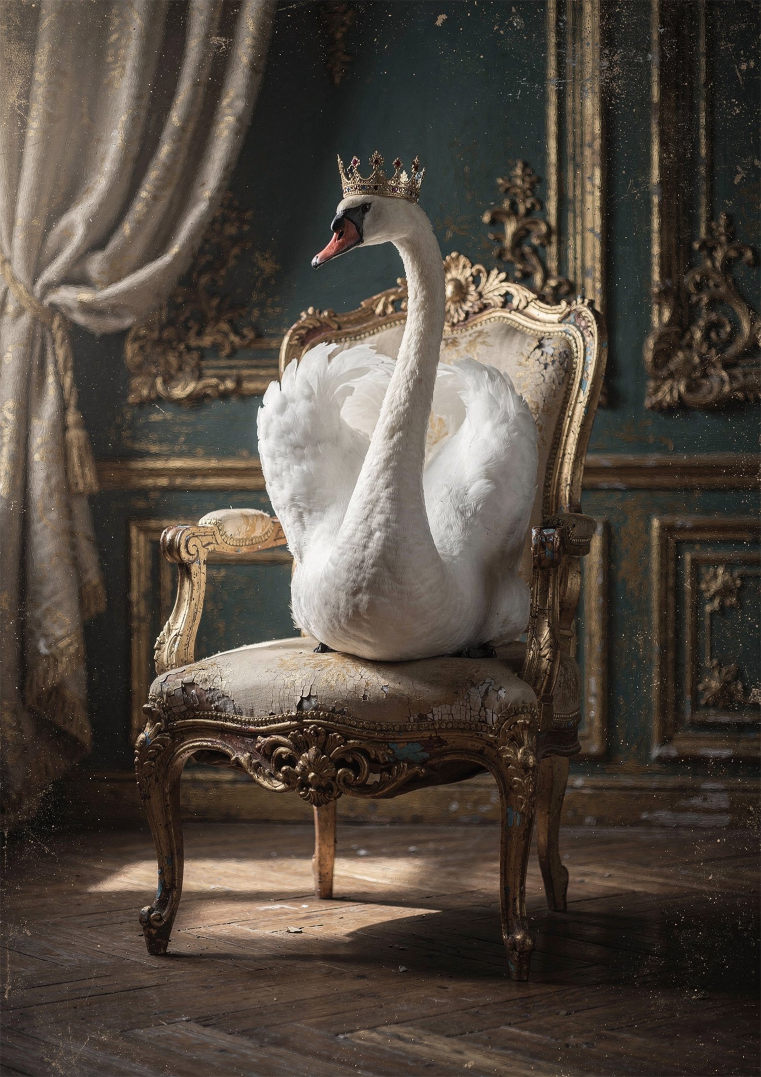 Affiche avec un cygne blanc portant une couronne assis sur un fauteuil baroque dans un intérieur vintage décoré