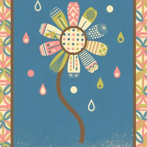 Affiche avec fleur graphique colorée aux motifs géométriques sur fond bleu avec éléments décoratifs rétro