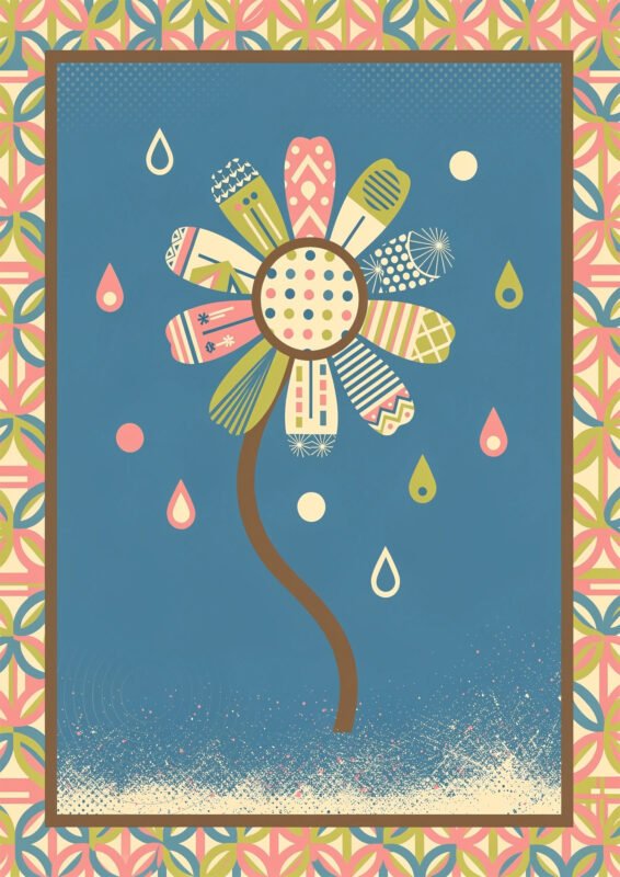 Affiche avec fleur graphique colorée aux motifs géométriques sur fond bleu avec éléments décoratifs rétro