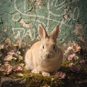 Lapin beige assis sur de la mousse entouré de fleurs devant un mur vert texturé et patiné