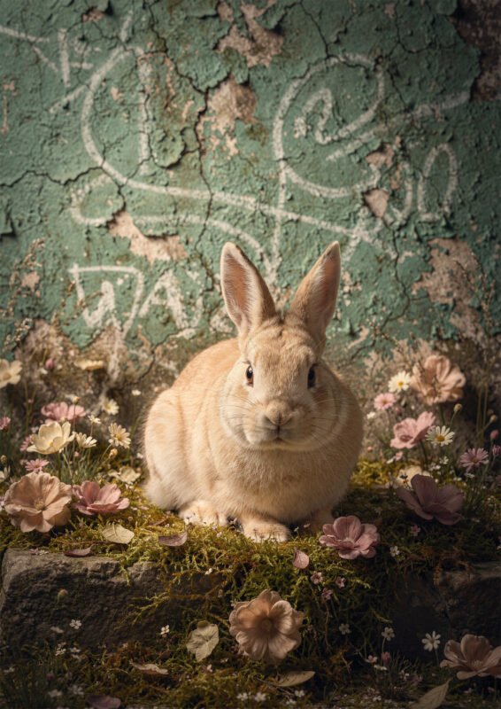 Lapin beige assis sur de la mousse entouré de fleurs devant un mur vert texturé et patiné