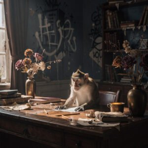 Singe assis à un bureau en bois avec livres et fleurs dans une pièce sombre au mur bleu avec graffiti