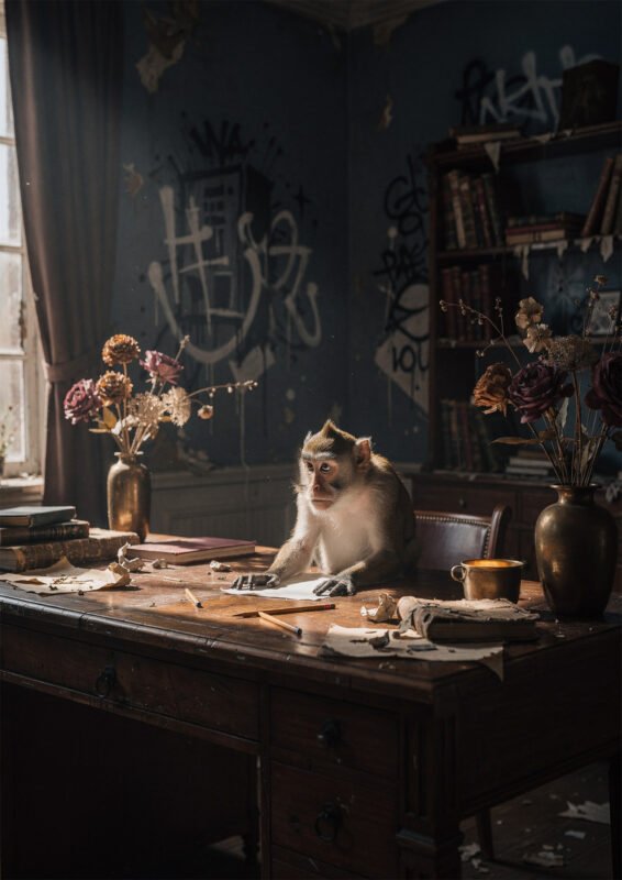 Singe assis à un bureau en bois avec livres et fleurs dans une pièce sombre au mur bleu avec graffiti
